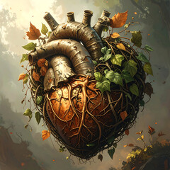 Overgrown heart sculpture with vines and metal tubes, autumn leaves, forest atmosphere, organic steampunk emotion