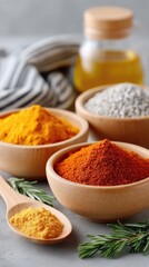 Close Up of Turmeric Root and Powder Spices in Wooden Bowls on a Gray Background with Herbs and Oil