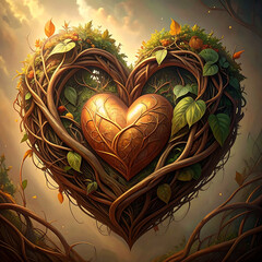Heart vine sculpture entwined with leaves and glowing core, enchanting natural romance and warm light