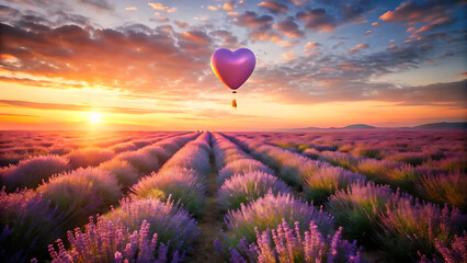 Heart shaped balloon floating over lavender field dreamy romantic landscape fantasy surreal scene