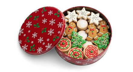 A festive tin filled with assorted christmas cookies featuring gingerbread men and decorated sugar cookies