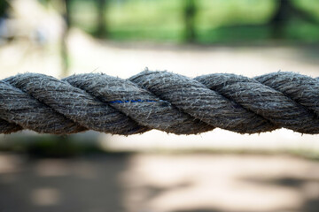 A close-up view of a strong, thick rope with a visible braided texture. The image represents...