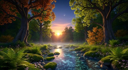 Serene Forest Sunrise Landscape.