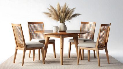 Isolated wooden dining set with round table four chairs home decor interior furniture design concept  