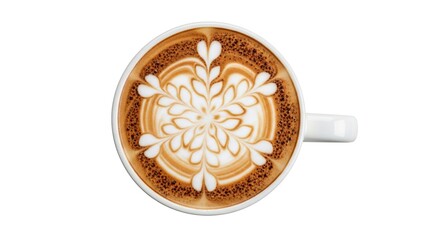 Fototapeta premium A top view of a cup of coffee with latte art in a white cup on a plain white background isolate
