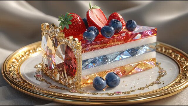 Luxury crystal cake slice with strawberries, blueberries and golden decoration. Fantasy dessert concept