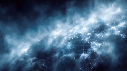A stylized visualization of global network connections with illuminated cities at night amidst dark clouds and atmosphere