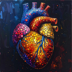 Colorful heart illustration glowing with cellular bubble texture, vibrant orange yellow blue veins, artistic anatomical concept, emotive