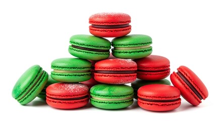 A pyramid of red and green macarons stacked on a white background with some powdered sugar on top