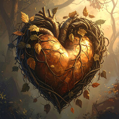 Golden heart carved from wood and wrapped in vine and autumn leaf, warm magical forest scene evoking tender wonder