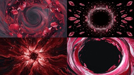 Four abstract views of red crystal formations swirling & glowing, digital art textures.