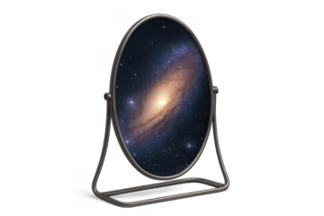Mirror reflecting a galaxy with stars, transparent background