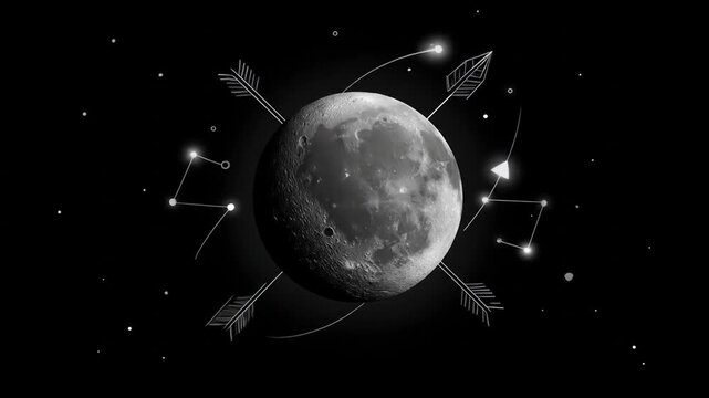 Mysterious moon with arrows and constellations against a dark backdrop