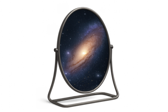 Mirror reflecting a galaxy with stars, transparent background