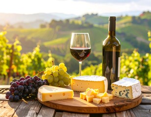 Wine, cheese, and grapes on a wooden board