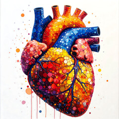 Vibrant anatomical heart illustration with colorful mosaic circles and flowing veins conveying energetic emotion