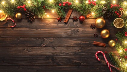 Festive Christmas Holiday Background with Pine Branches, String Lights, Ornaments, Berries, and Spices on Dark Wood. Winter Season Celebration Template with Copy Space.