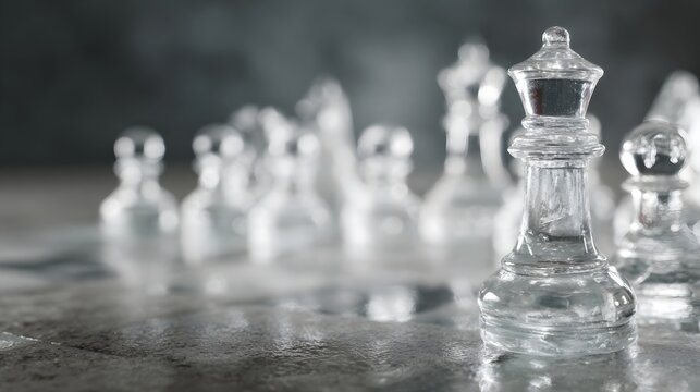 A clear glass queen chess piece stands in sharp focus on a reflective surface with other blurred pieces behind it