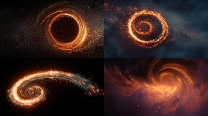 Artistic depictions of celestial phenomena, swirling cosmic dust, and gravitational vortexes.