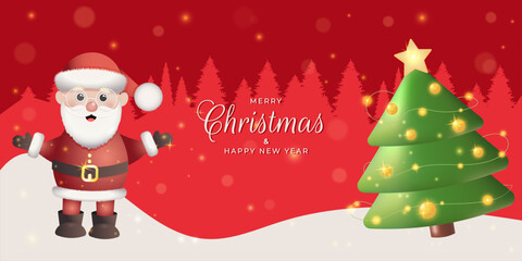 Vibrant vector banner with Santa Claus and decorated Christmas tree on a red, snowy background. Perfect for holiday greetings, web designs, and seasonal promotions.