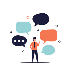A man talking with multiple speech bubbles above his head representing different ideas and thoughts.