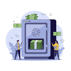 Securely storing a large amount of cash in a safe with people standing nearby.