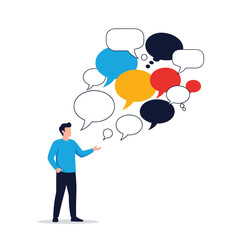 A person communicating with many different ideas and opinions expressed through speech bubbles.