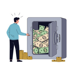 A man amazed at a safe filled with money and gold coins.