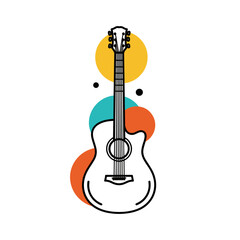 Acoustic guitar with colorful abstract circles and dots on a white background.