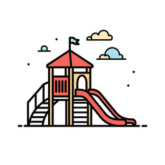 A colorful playground structure with a tall tower and a red slide for children to play on.