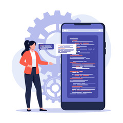 A skilled programmer is developing mobile applications with a smartphone interface and coding.