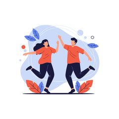 Two people happily celebrating with a high five and jumping for joy.