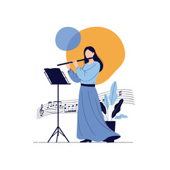 A woman playing a flute in front of a music stand with musical notes.