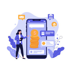 A woman manages finances on her smartphone with coins and banking icons.