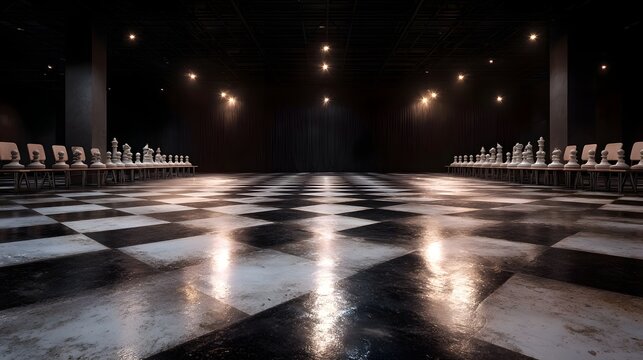 A dramatic and grand hall set up for a chess tournament with rows of pieces and dramatic lighting
