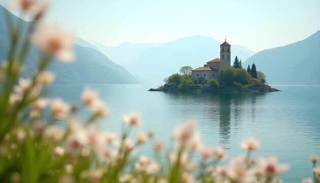 Island Church on Lake with Misty Mountains and Soft Flowers - Powered by Adobe