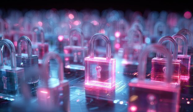 Glowing padlocks representing data protection and cyber security concept - Powered by Adobe