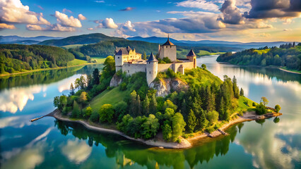 Fototapeta premium Panoramic view of castle in niedzica by lake czorsztyn travel destination