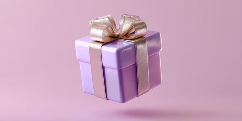 Obraz premium Elegant lavender gift box with golden ribbon floating on soft pink background
