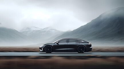 Obraz premium A black car driving on a mountain road