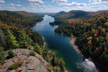 Obraz premium High-angle view of a lake winding through colorful autumn forest