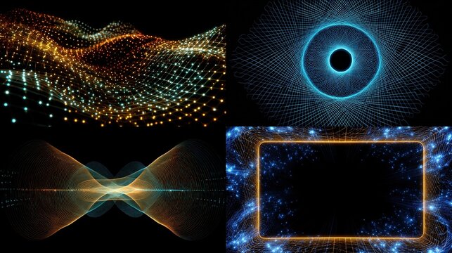 and keywords based on the image

 Abstract Digital Art Compilation Featuring Particles, Waveforms, and Geometric Patterns