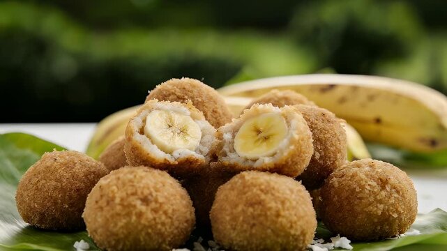Fried banana balls on banana leaf