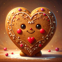 Heart shaped gingerbread cookie with smiling face and decorative icing, rosy candy cheeks and warm glow, cozy festive mood