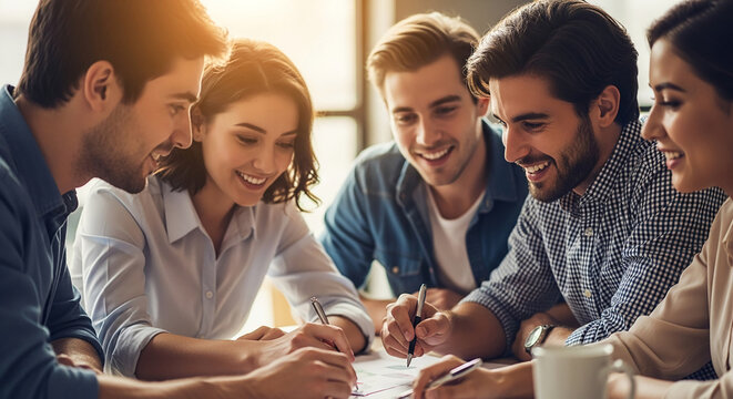 Smiling young adults collaborate closely, writing on paper, showcasing teamwork and creative synergy in a business setting