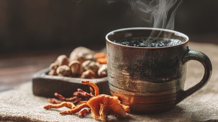 Health Benefits of Mushroom Coffee. Warm coffee mug with steaming brew and a side of nuts on a rustic table setting.