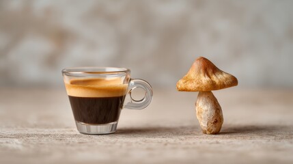 Health Benefits of Mushroom Coffee. A coffee cup next to a mushroom, showcasing unique food pairings.