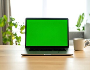 Modern laptop with vibrant green screen and steaming coffee cup on a clean wooden desk, perfect for creative projects and digital work