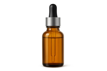 Amber glass dropper bottle with serum on transparent background