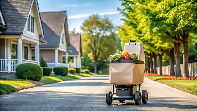 Small autonomous robot delivering groceries in a park futuristic delivery